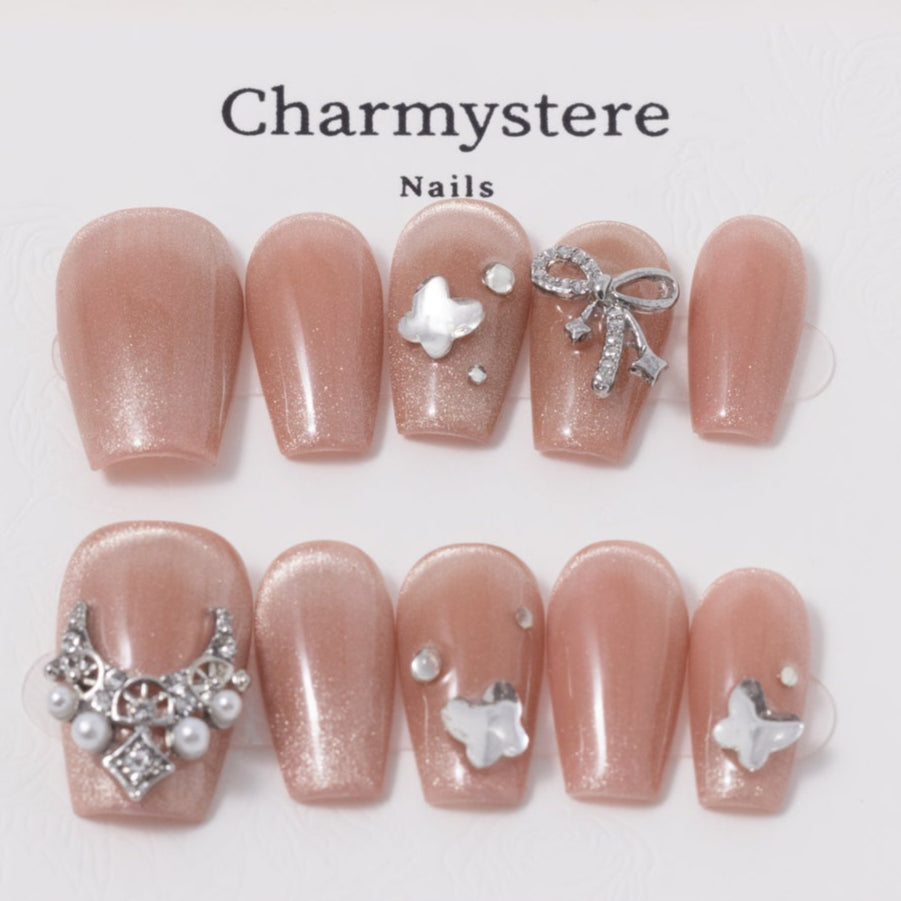 Nude Cat Eye Press-On Nails with Crystals