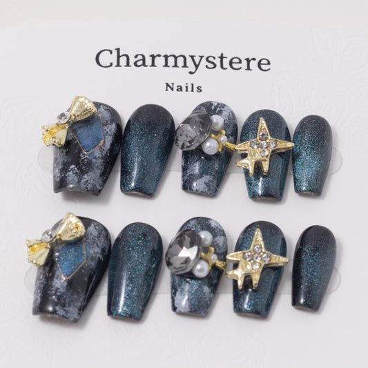 Black & Blue Marble Long Press-On Nails