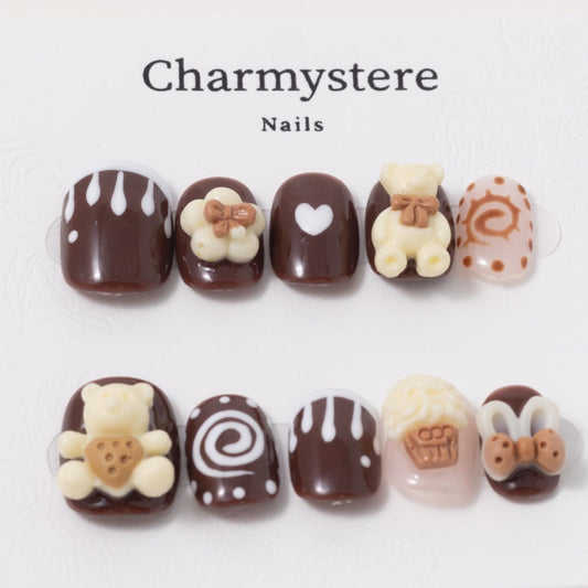 Chocolate Bear Charm Short Press-On Nails