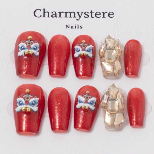 Traditional Chinese Lion Red Press-On Nails