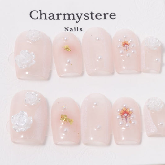 Floral Accent Nude Box-Shaped Press-On Nails