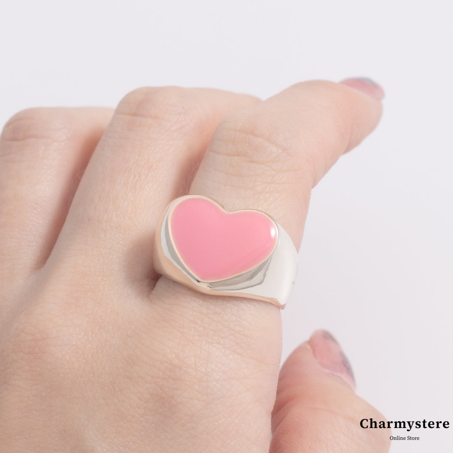 Charmystere Pink Heart Silver Romantic Love Ring