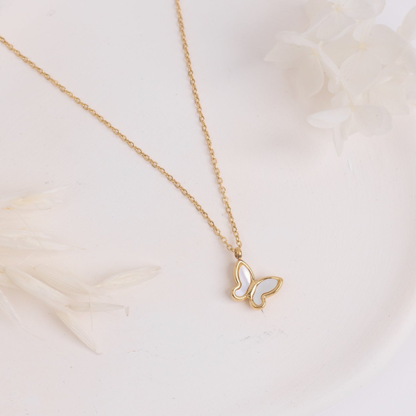 Charmystere White Mother of Pearl Butterfly Pendant Necklace – Gold Plated