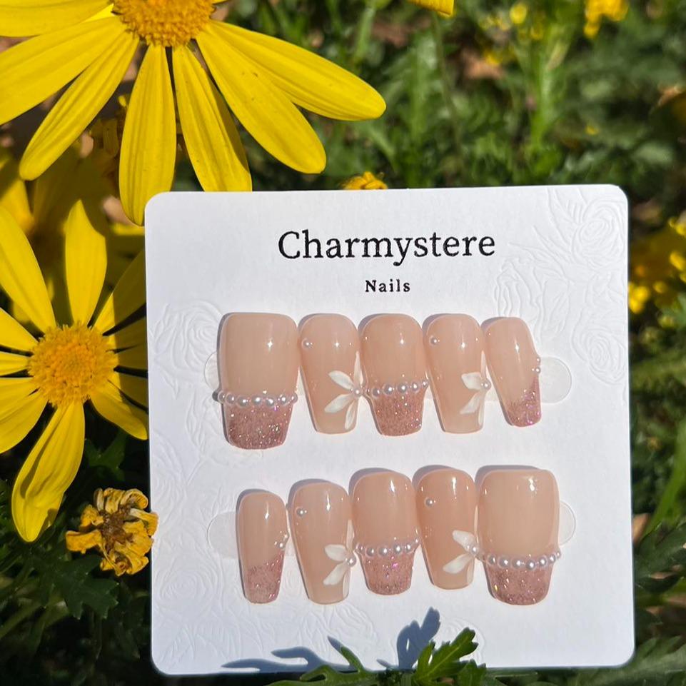 Charmystere Official Handcraft Nude Pink Flower with Diamond Design Handmade Press-On Nails Gift Set, Includes Nail Beauty Tools Bag