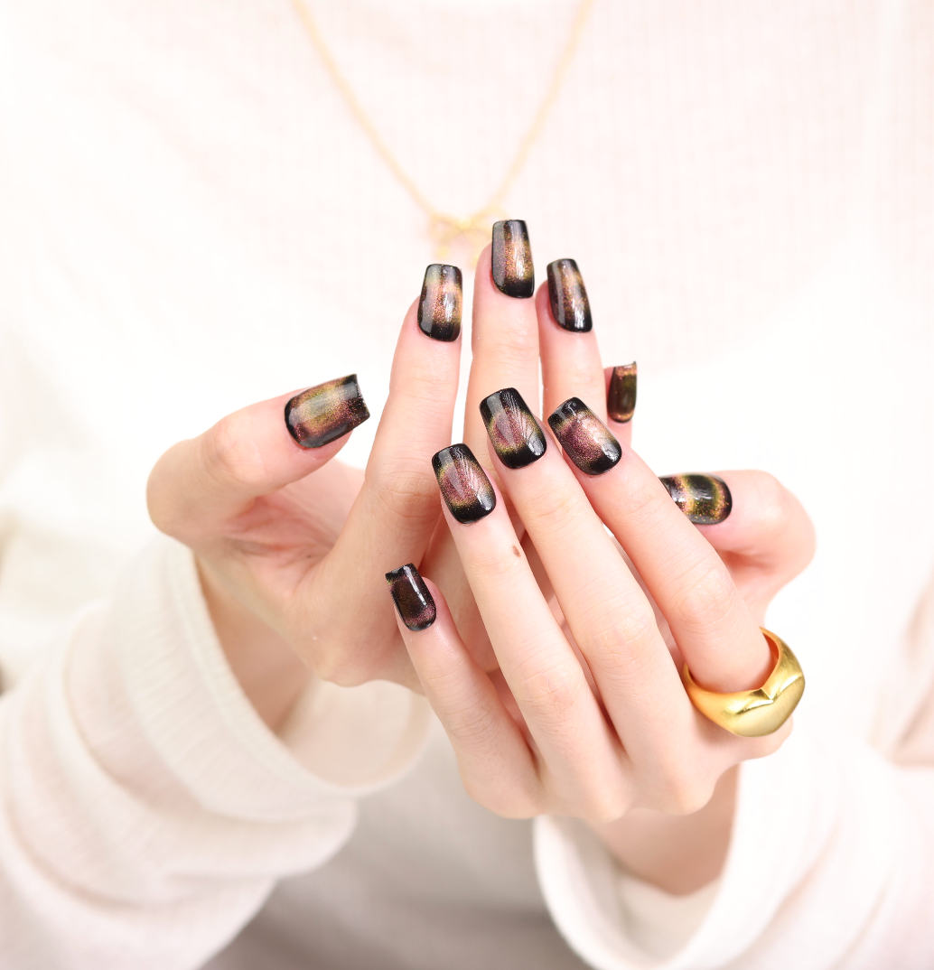 Charmystere Official classic dark olive cat eyes lights design Handmade Press-On Nails Gift Set with Nail Beauty Tools Bag
