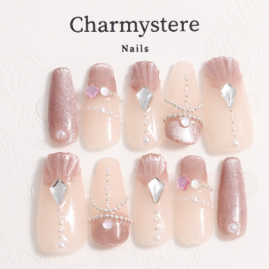 Charmystere Official Pink Shell with Diamond Glammer Design Handmade Press-On Nails Gift Set