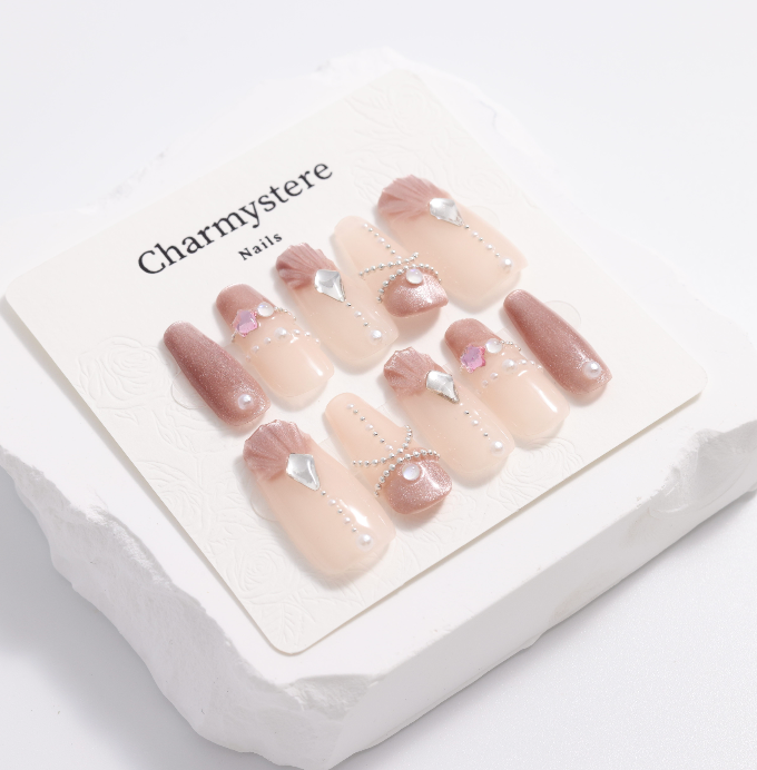Charmystere Official Pink Shell with Diamond Glammer Design Handmade Press-On Nails Gift Set