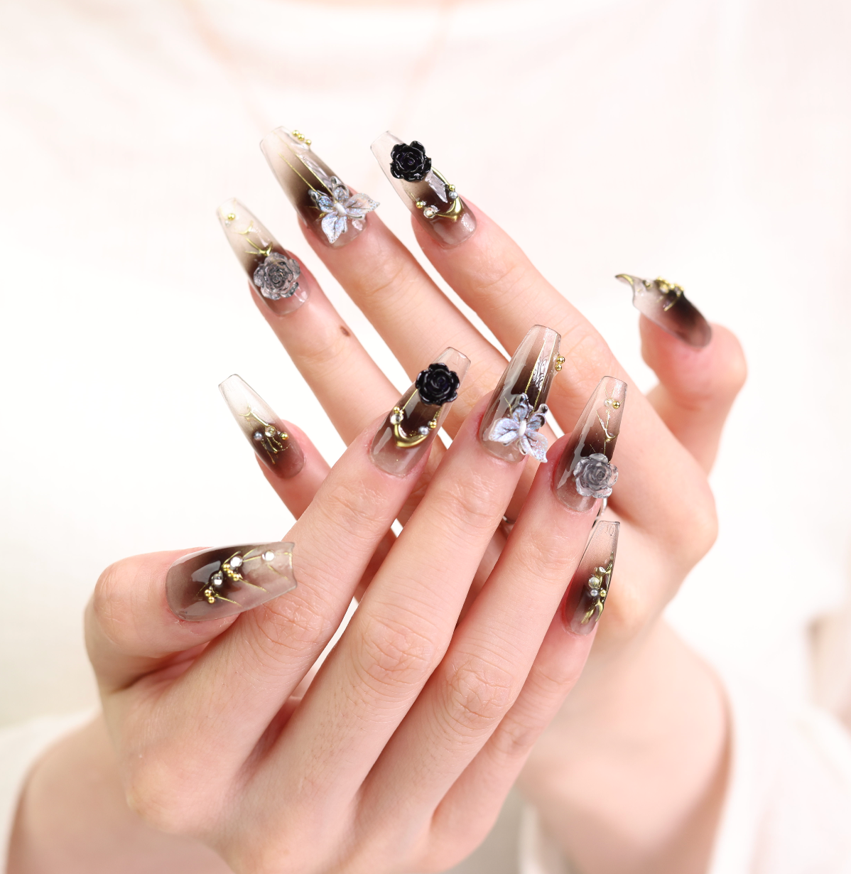 Charmystere Official golden black rose with butterfly design handmade Press-On Nails gift set with nail beauty tools bag
