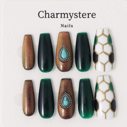 Charmystere Official Opulent golden olive snake eyes design Handmade Press-On Nails Gift Set with Nail Beauty Tools Bag