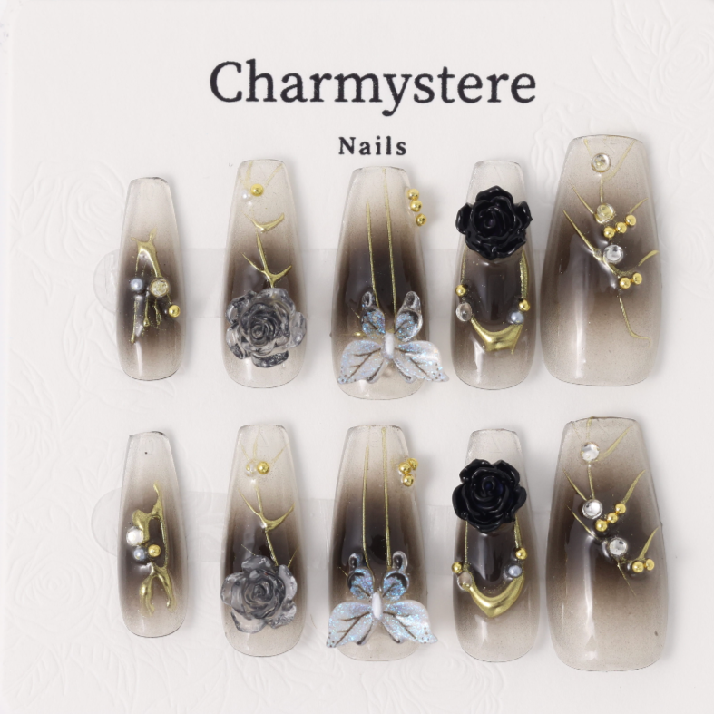 Charmystere Official golden black rose with butterfly design handmade Press-On Nails gift set with nail beauty tools bag