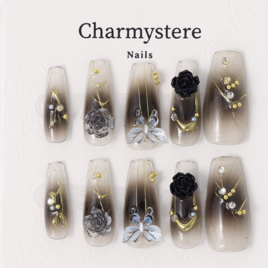 Charmystere Official golden black rose with butterfly design handmade Press-On Nails gift set with nail beauty tools bag