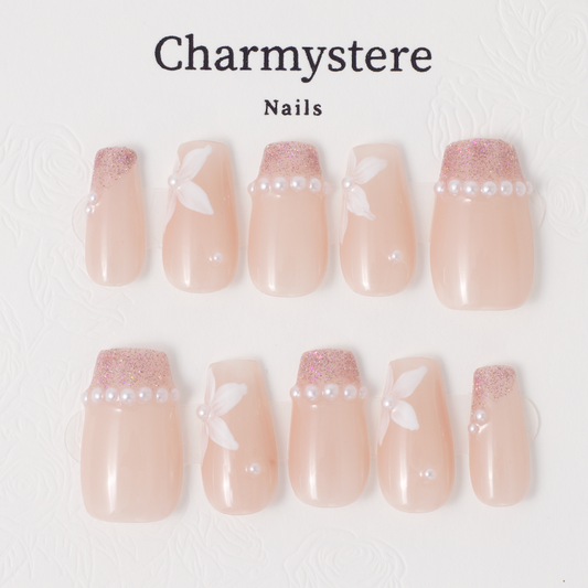 Charmystere Official Handcraft Nude Pink Flower with Diamond Design Handmade Press-On Nails Gift Set, Includes Nail Beauty Tools Bag