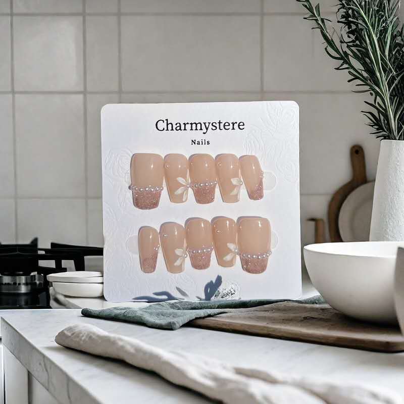 Charmystere Official Handcraft Nude Pink Flower with Diamond Design Handmade Press-On Nails Gift Set, Includes Nail Beauty Tools Bag