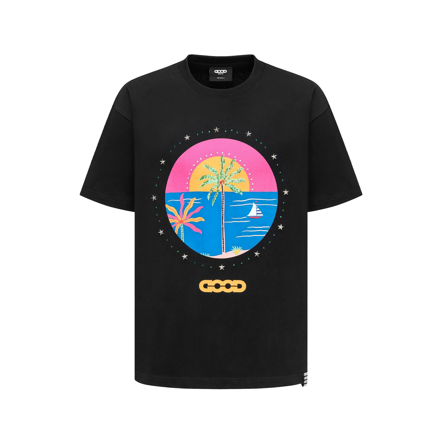 GOODBRAND 25SS Coconut Tree Rhinestone Script Slogan Tee