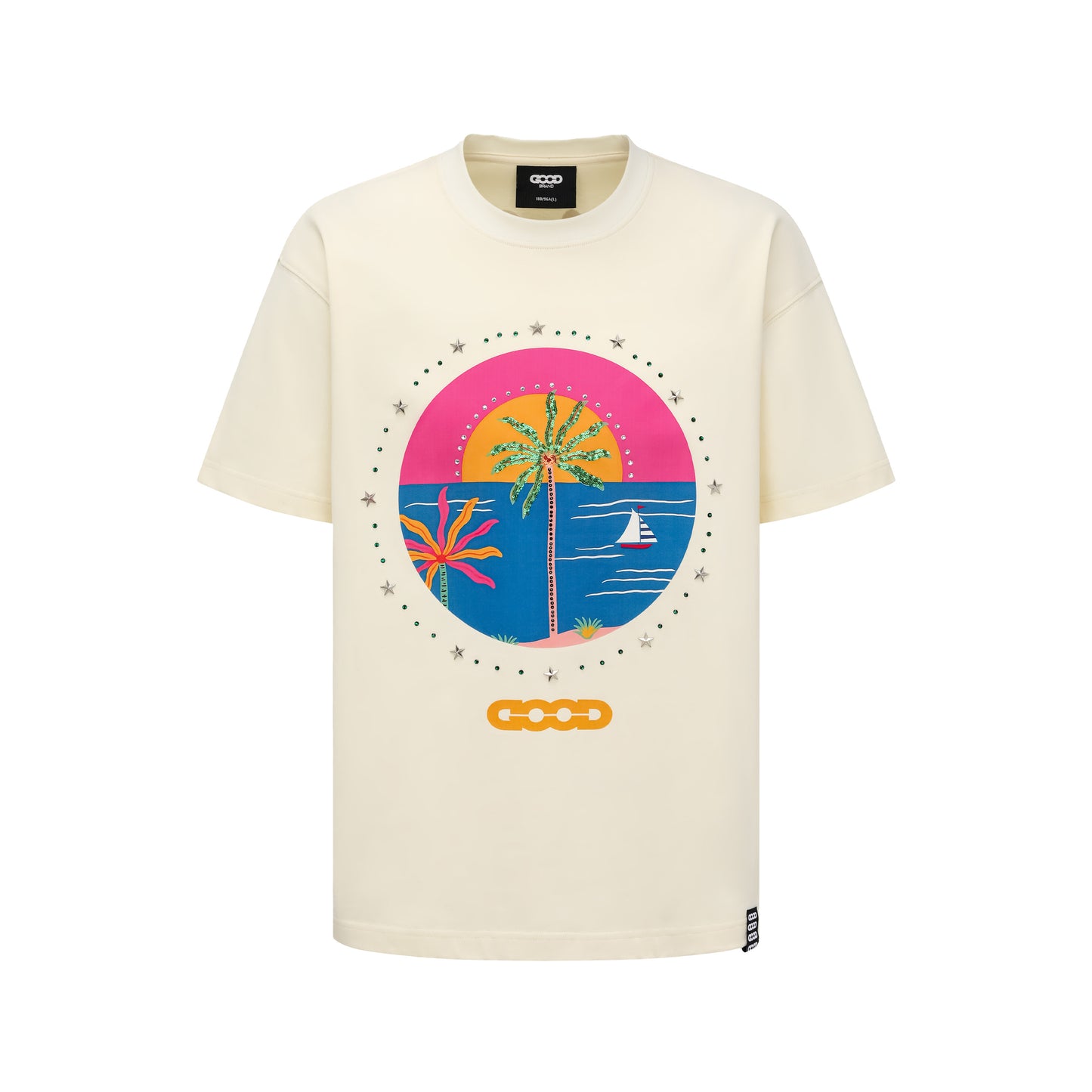 GOODBRAND 25SS Coconut Tree Rhinestone Script Slogan Tee
