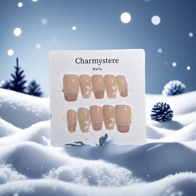 Charmystere Official Handcraft Nude Pink Flower with Diamond Design Handmade Press-On Nails Gift Set, Includes Nail Beauty Tools Bag