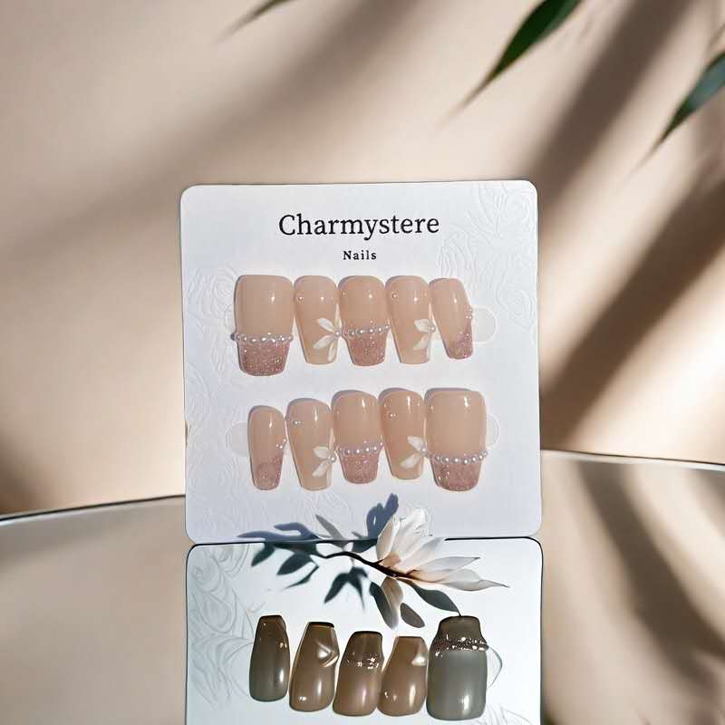 Charmystere Official Handcraft Nude Pink Flower with Diamond Design Handmade Press-On Nails Gift Set, Includes Nail Beauty Tools Bag
