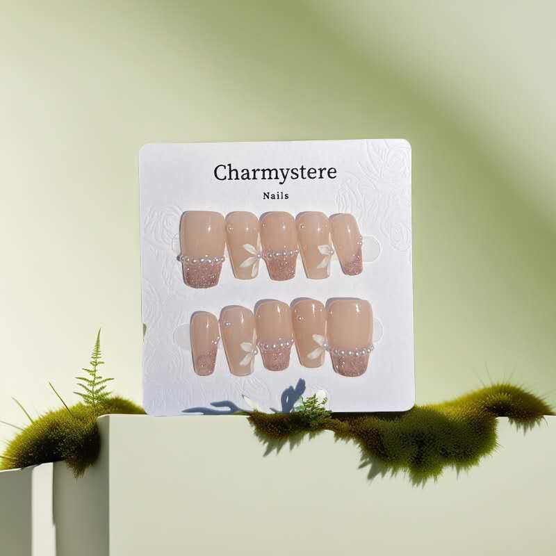 Charmystere Official Handcraft Nude Pink Flower with Diamond Design Handmade Press-On Nails Gift Set, Includes Nail Beauty Tools Bag