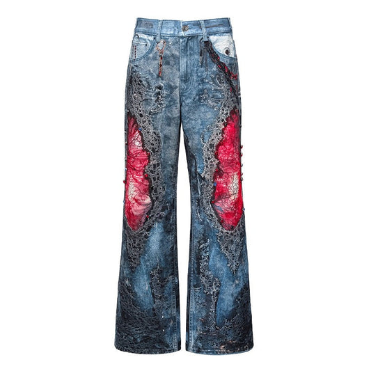 GOODBRAND | Greedy Mammon Print Luxe Fashion Handmade Gemstone Denim Jeans