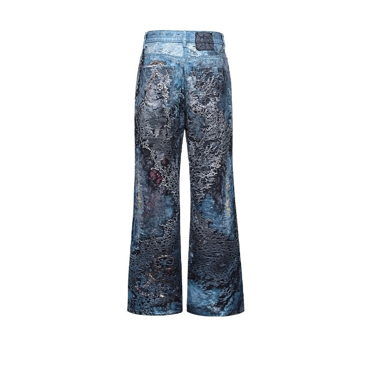 GOODBRAND | Greedy Mammon Print Luxe Fashion Handmade Gemstone Denim Jeans